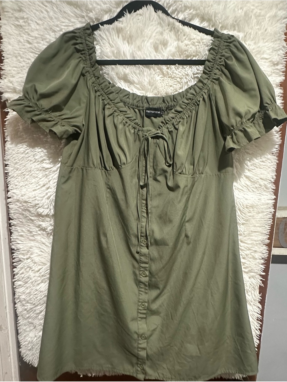 PrettyLittleThing Off Shoulder Olive Green Button Front Dress